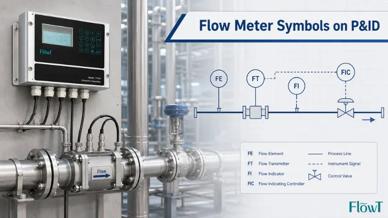 Flow meter symbols on a P&ID diagram overlaid on an industrial piping system