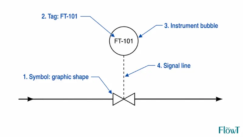 Diagram explaining the difference between a flow meter symbol, instrument tag, bubble, and signal line on a P&ID