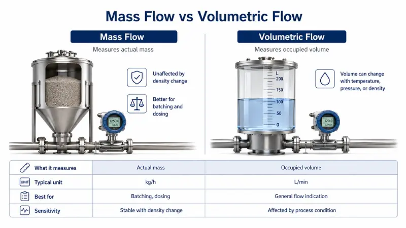 Comparison infographic showing the difference between mass flow and volumetric flow Comparison infographic showing the difference between mass flow and volumetric flow
