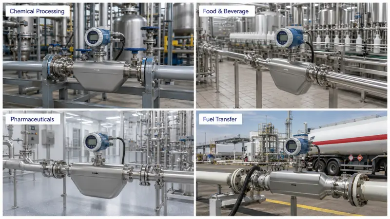 Industrial applications of Coriolis flow meters in chemical, food, pharmaceutical, and fuel processes Industrial applications of Coriolis flow meters in chemical, food, pharmaceutical, and fuel processes