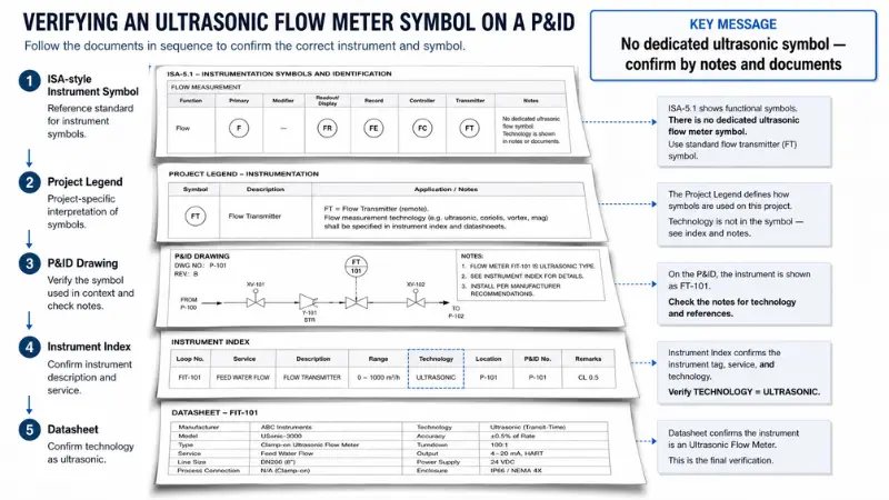 Engineering document hierarchy showing that ultrasonic flow meter symbols must be confirmed by project legend and datasheet Engineering document hierarchy showing that ultrasonic flow meter symbols must be confirmed by project legend and datasheet