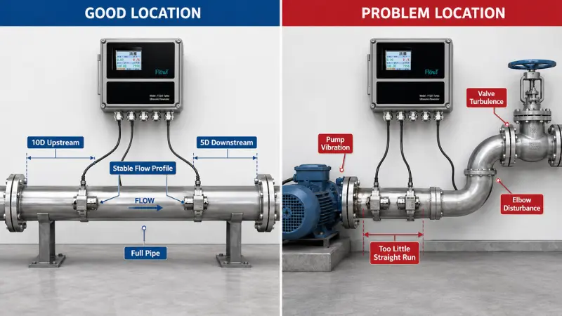Correct and incorrect ultrasonic flow meter installation locations showing straight pipe requirements and flow disturbances Correct and incorrect ultrasonic flow meter installation locations showing straight pipe requirements and flow disturbances